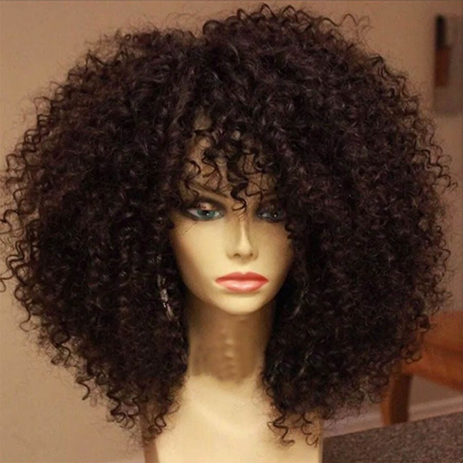 Virgin Curly Bob Wig with Bangs Cap Size S, M, L, XL