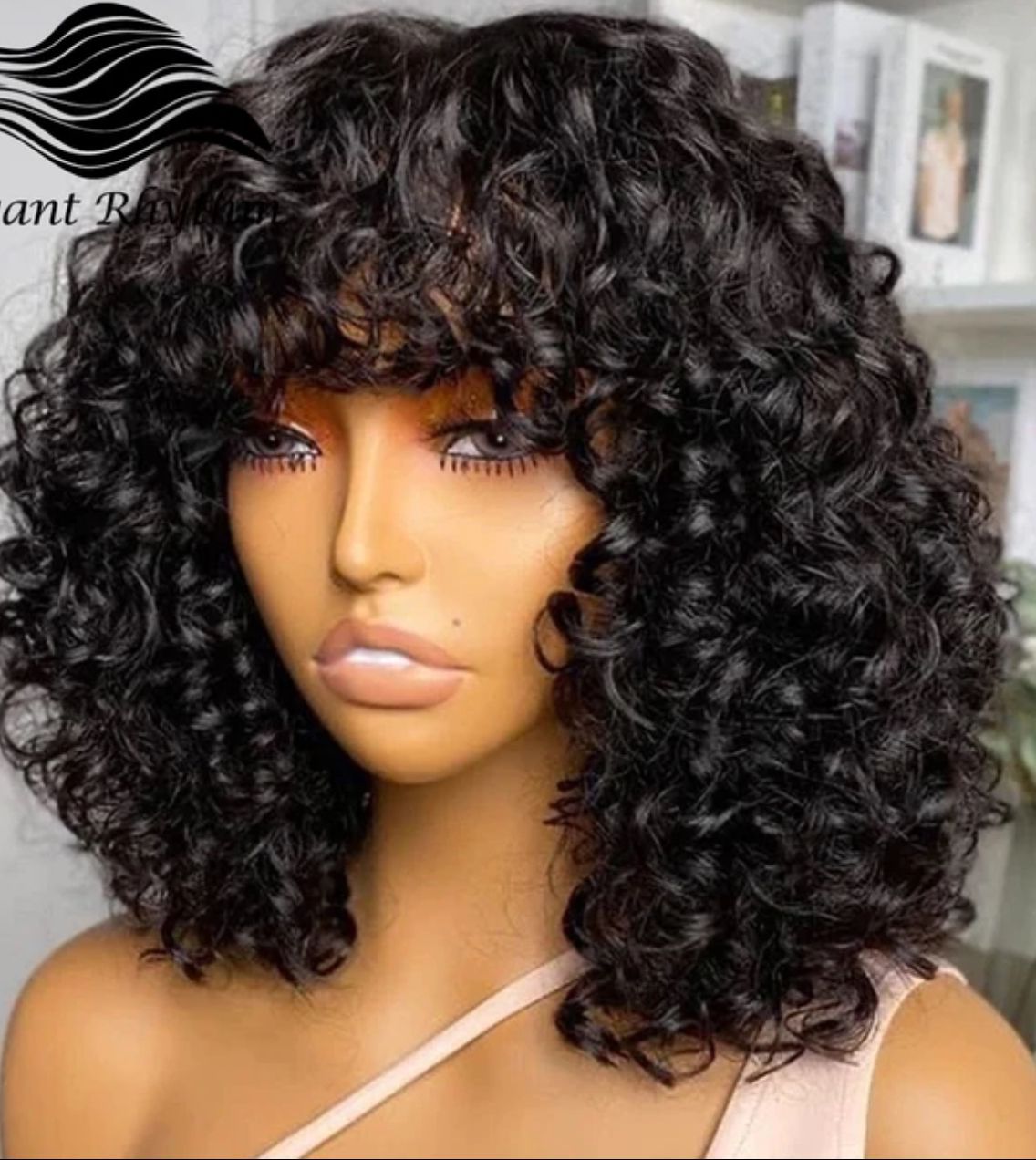 Virgin Curly Bob Wig with Bangs Cap Size S, M, L, XL